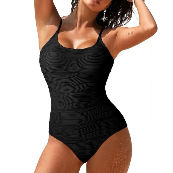 Pink Queen Black One Piece Swimsuit Textured Tummy Control Size L Bathing Suit - Picture 1 of 15